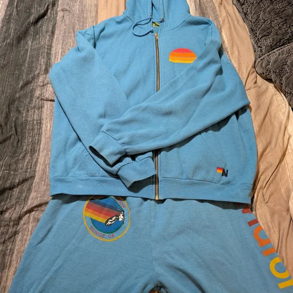 Aviator Nation Set Light Blue Sweatpants And Zip Up Hoodie with Multicolor Logo - Picture 2 of 8